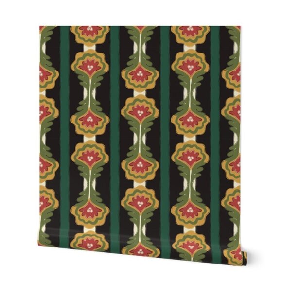 Spoonflower x Dani Dazey Pinstripe Plant - Gold, Green Red Non Pasted Wallpaper - Picture 1 of 6